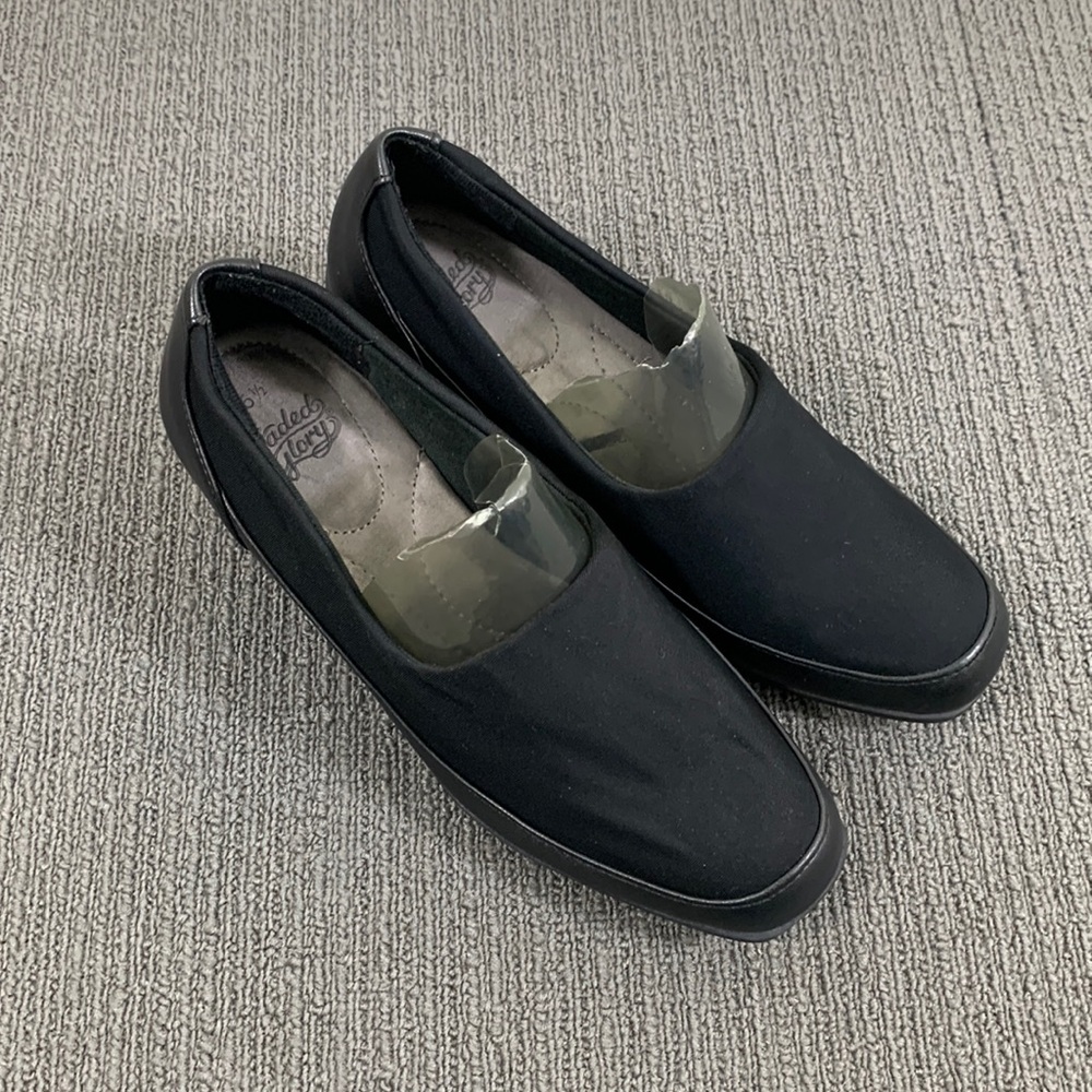 Faded Glory Wedge Loafer Womens Size 6.5 Black Fabric Stretch Slip on Comfort